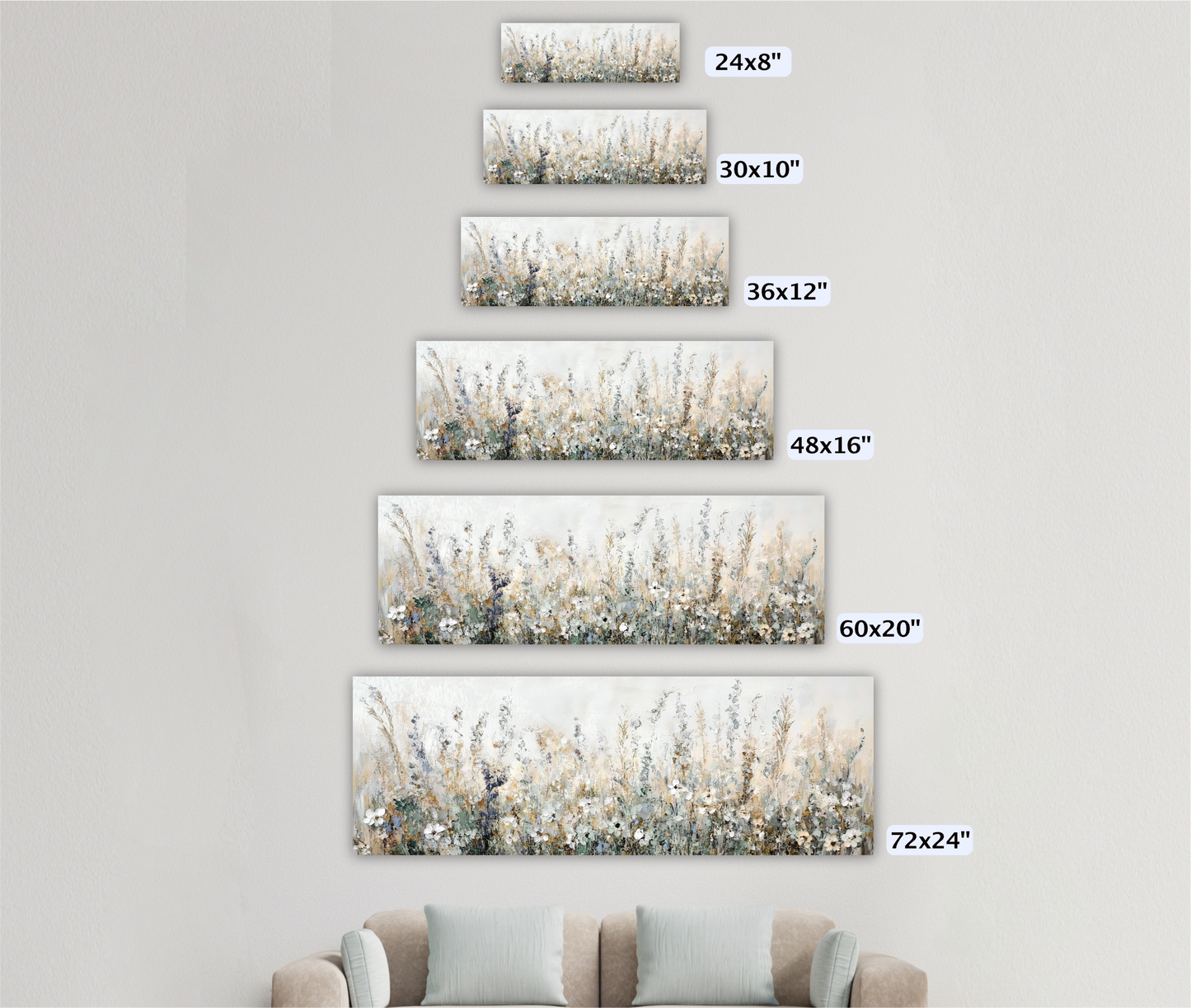A wall with a series of framed artworks depicting a field of flowers, ranging from 24x8" to 72x24" in size.