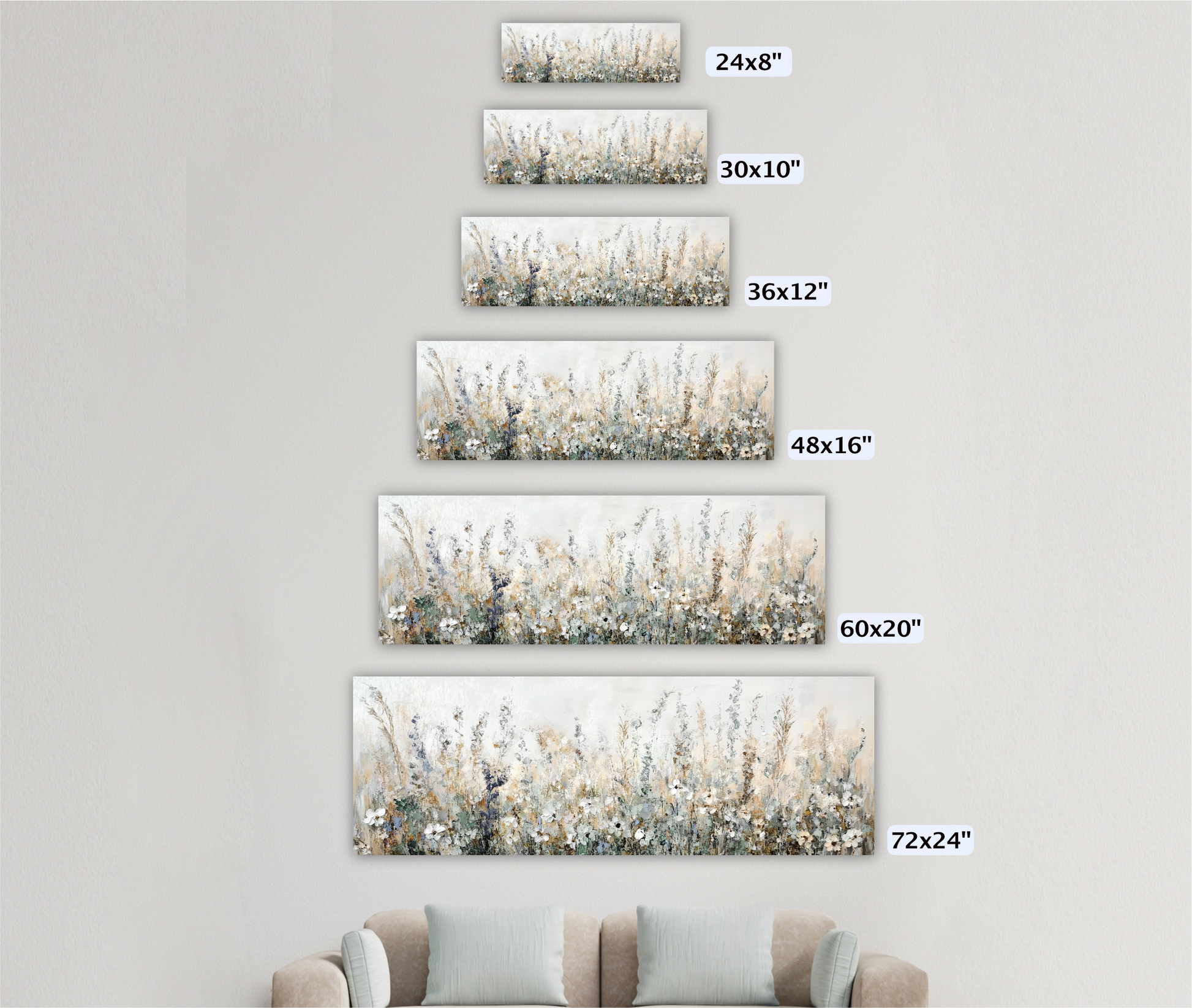 A wall with a series of framed artworks depicting a field of flowers, ranging from 24x8" to 72x24" in size.