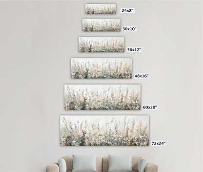 A wall with a series of framed artworks depicting a field of flowers, ranging from 24x8" to 72x24" in size.