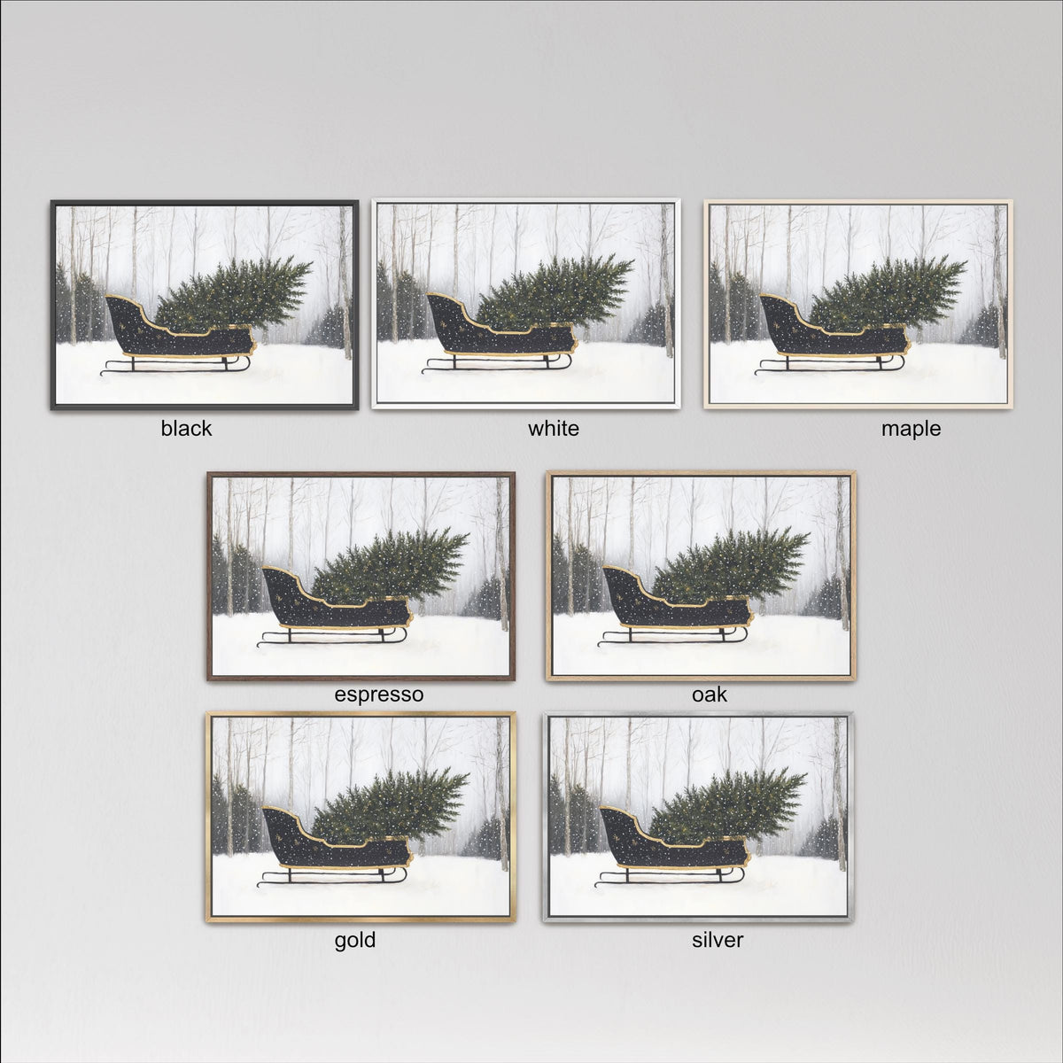 six different framed pictures of a Christmas tree in a sled, each with a different color frame. The pictures are arranged in a grid format, with three rows and two columns.