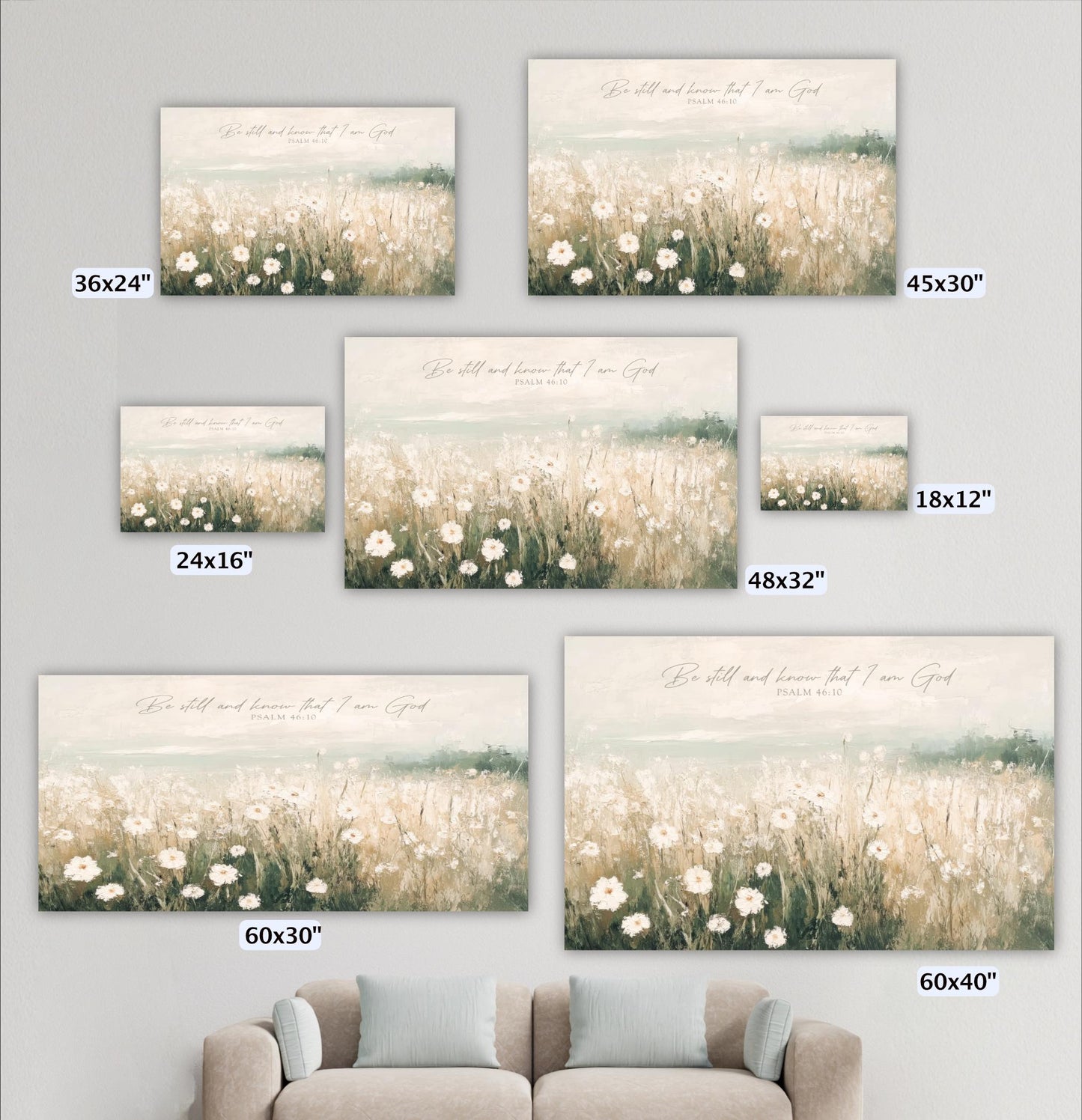 a collection of six different sizes of paintings or prints, each depicting a field of flowers. The text accompanying the images reads "Be still and know that I am God" and is located at the bottom of each piece.