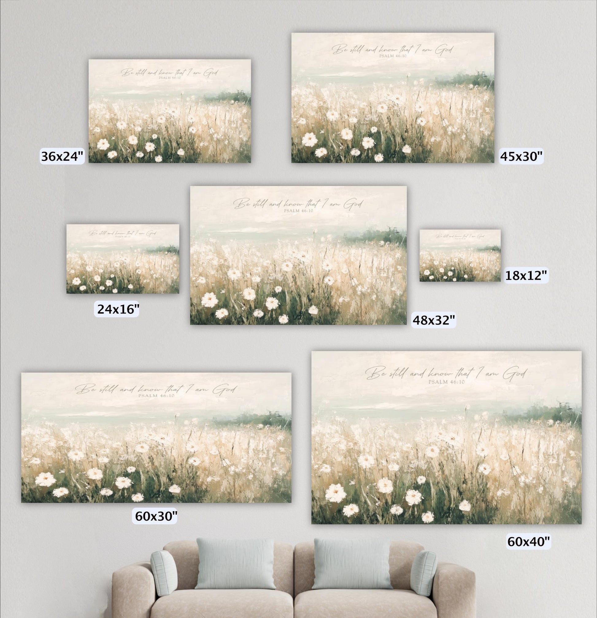 a collection of six different sizes of paintings or prints, each depicting a field of flowers. The text accompanying the images reads "Be still and know that I am God" and is located at the bottom of each piece.