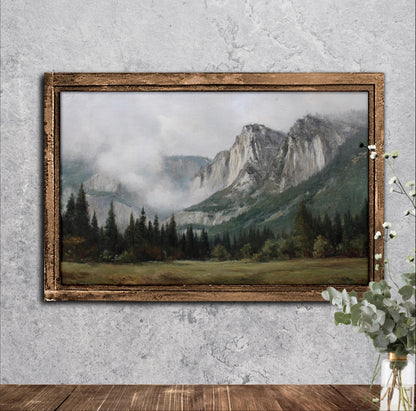 a painting of a mountainous landscape with a forested area and misty peaks in the background.