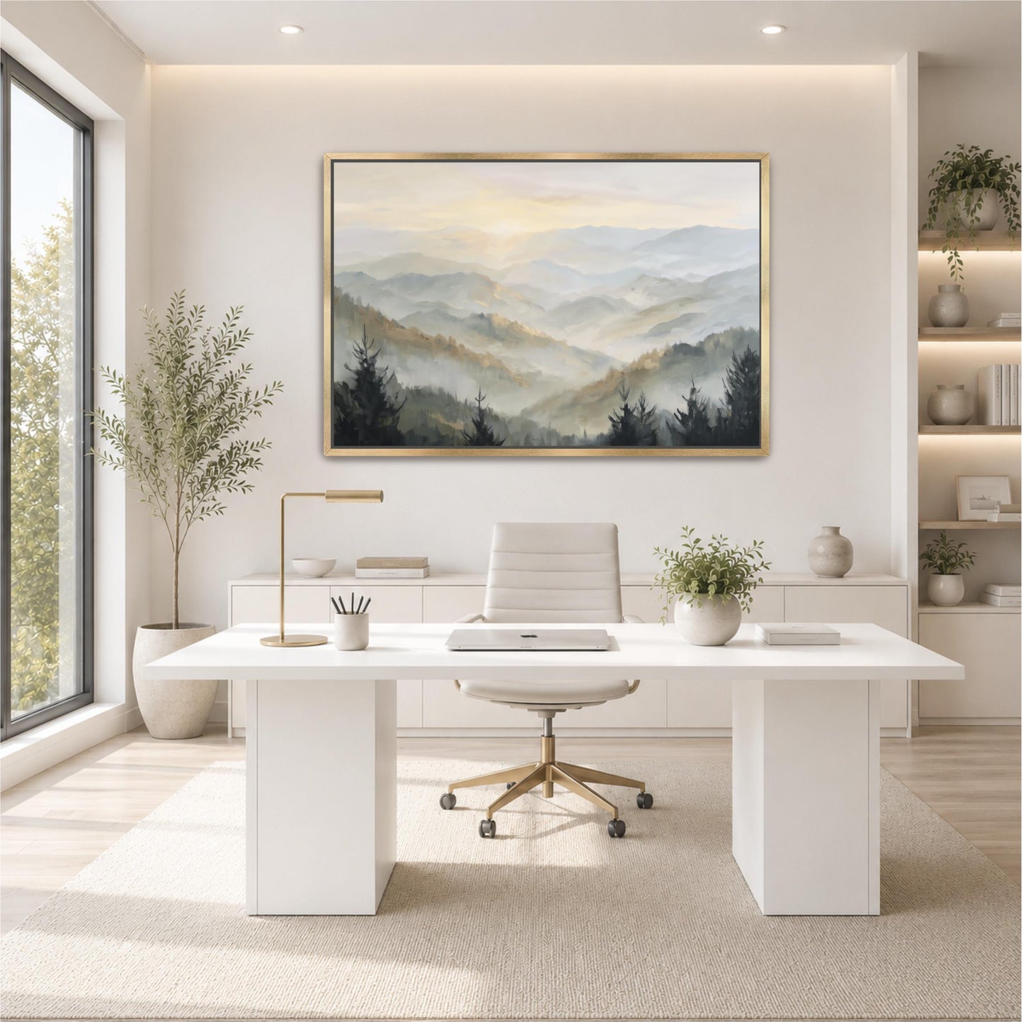 a modern, minimalist office space with a large window overlooking a scenic mountain landscape. The office features a white desk with a computer, a comfortable white chair, and a large framed landscape painting on the wall. The room is decorated with potted plants and other natural elements, creating a serene and tranquil atmosphere.