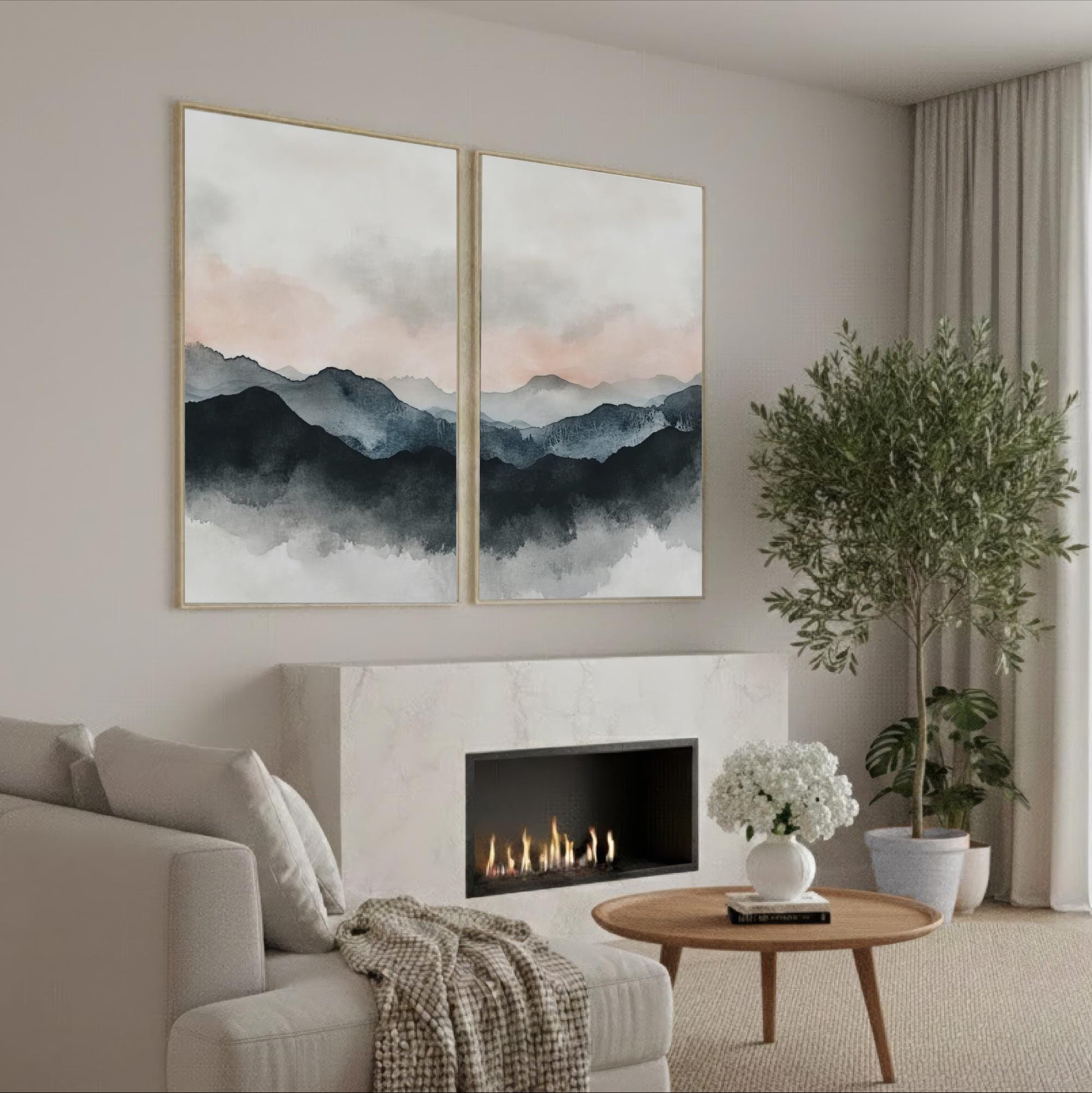 a cozy living room with a fireplace, a comfortable sofa, and a coffee table with a vase of white flowers. The room is decorated with a large abstract painting of mountains in shades of blue and pink, and there are potted plants and a bookshelf in the space.