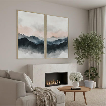 a cozy living room with a fireplace, a comfortable sofa, and a coffee table with a vase of white flowers. The room is decorated with a large abstract painting of mountains in shades of blue and pink, and there are potted plants and a bookshelf in the space.