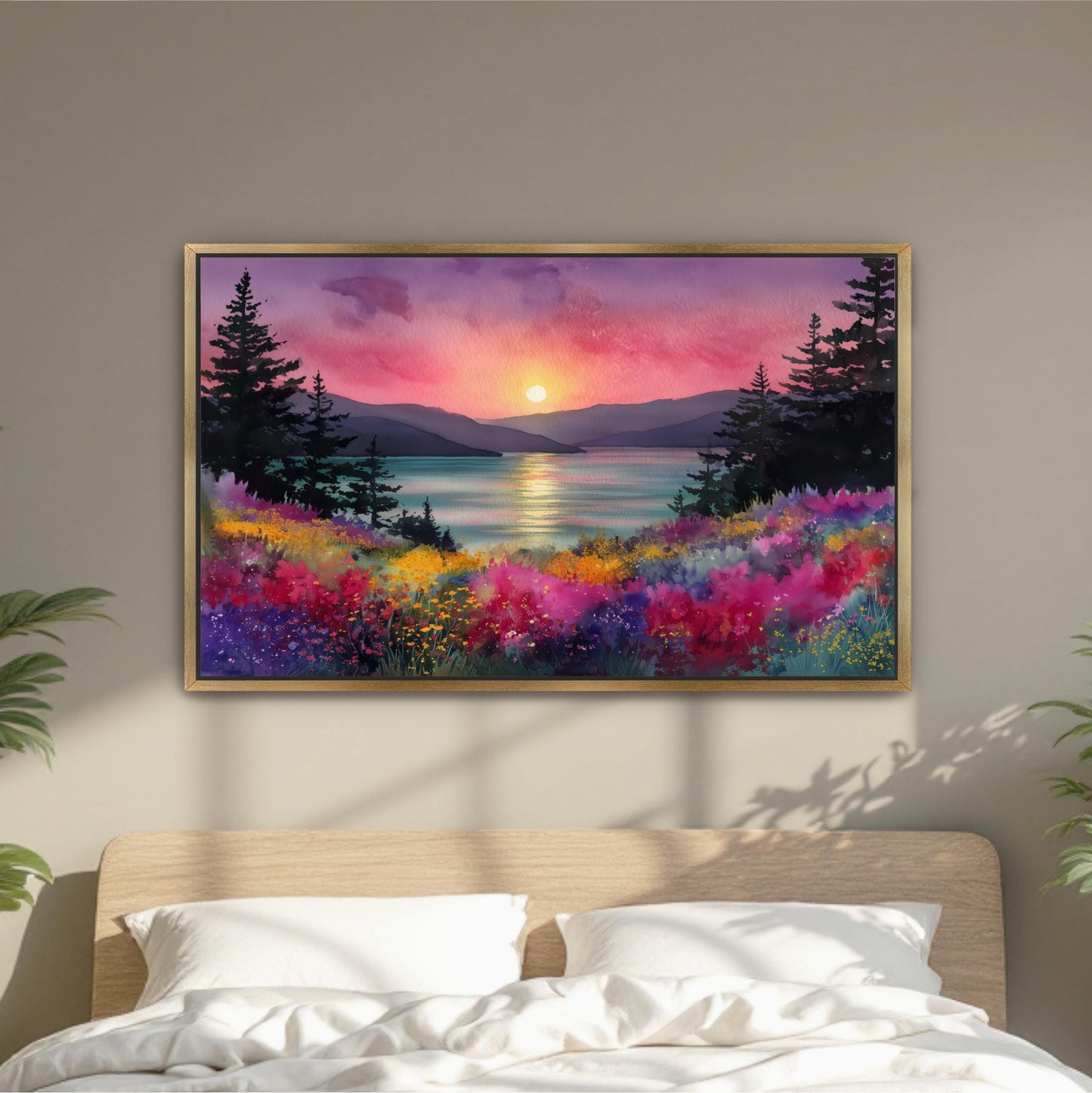 a painting of a sunset over a mountain landscape, with a field of colorful flowers in the foreground.
