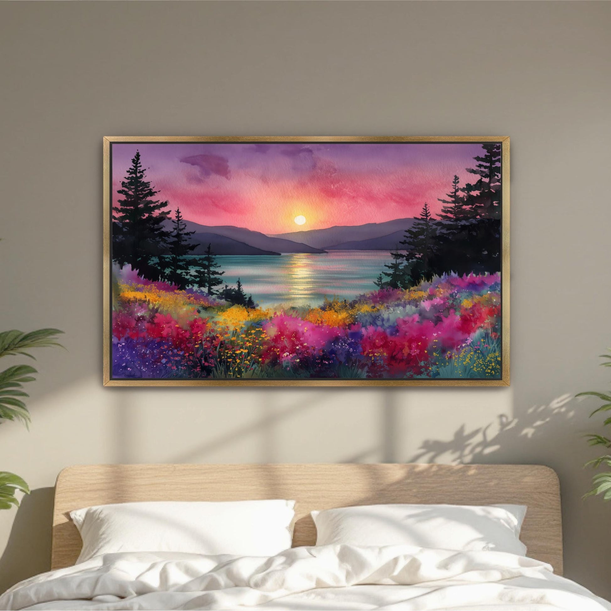 a painting of a sunset over a mountain landscape, with a field of colorful flowers in the foreground.
