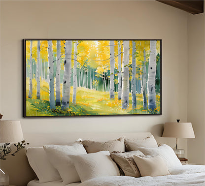 a large, framed painting of a forest scene with yellow trees and green foliage, hanging on a wall above a bed with white bedding.