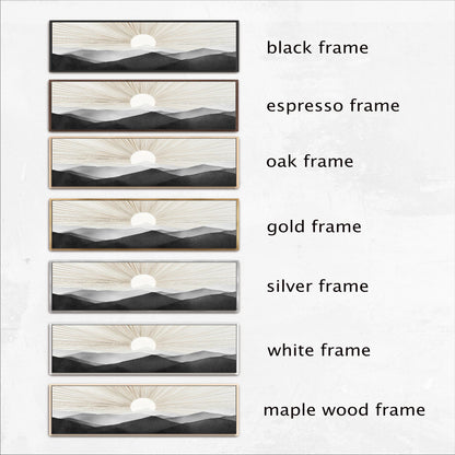 a collection of six framed landscape photographs, each with a different frame color and style. The frames include black, espresso, oak, gold, silver, and white frames, as well as a maple wood frame. The photographs showcase the natural beauty of the landscape, with the sun setting over the mountains.