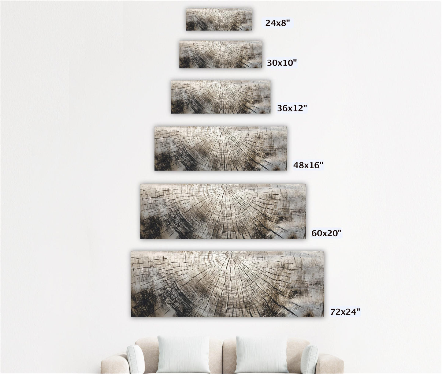 A series of six identical images of a tree stump, each with a different size, arranged in a descending order from 24x8" to 60x20" and 72x24" to 60x16" on a white wall.