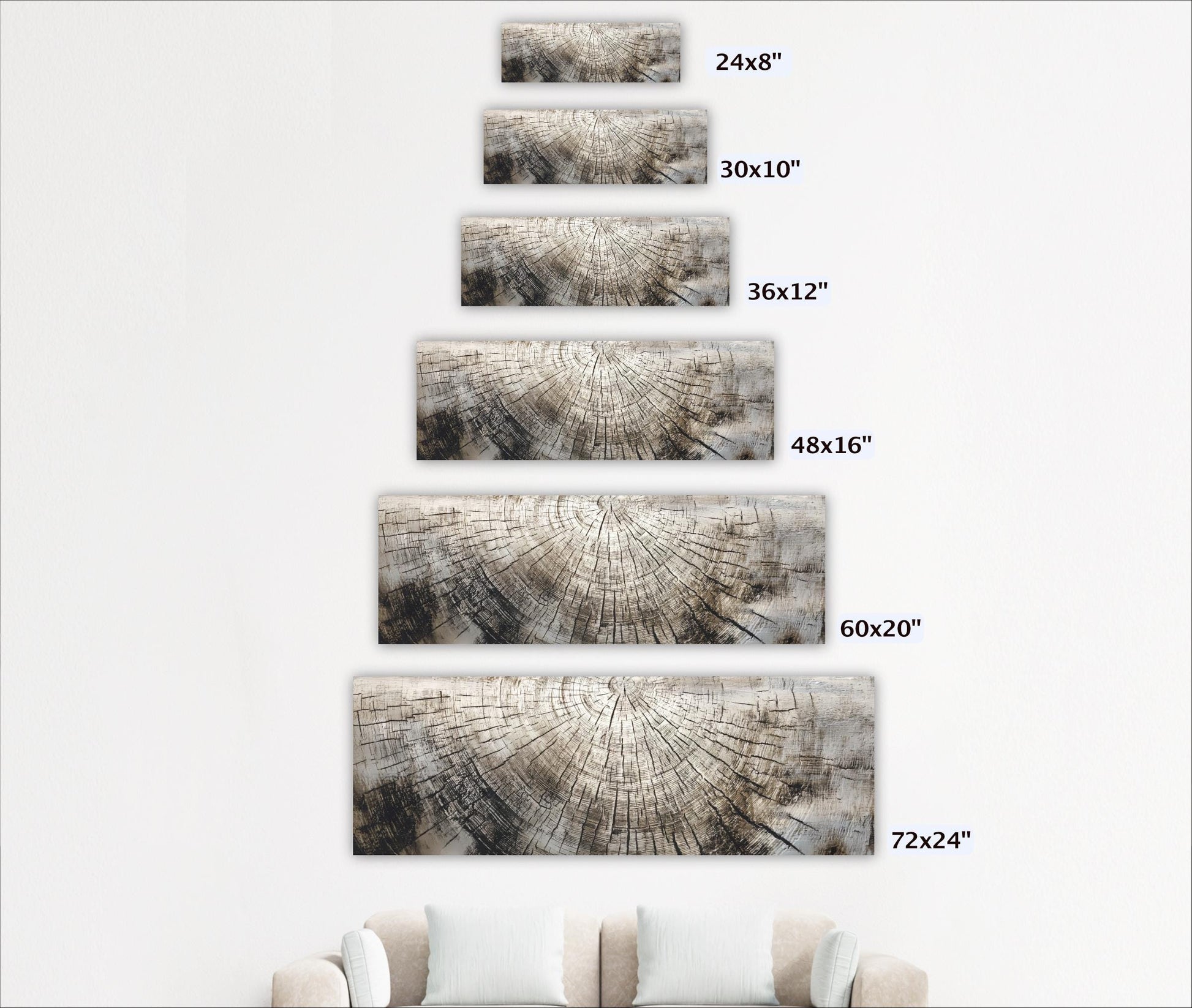 A series of six identical images of a tree stump, each with a different size, arranged in a descending order from 24x8" to 60x20" and 72x24" to 60x16" on a white wall.