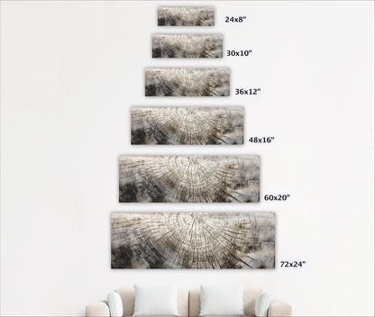 A series of six identical images of a tree stump, each with a different size, arranged in a descending order from 24x8" to 60x20" and 72x24" to 60x16" on a white wall.