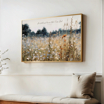 a painting of a field with flowers hanging on a wall.