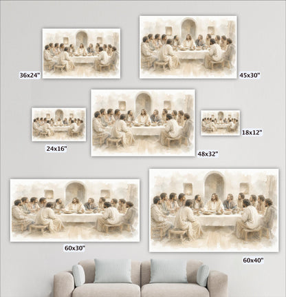 a series of paintings or photographs depicting scenes of people sitting around a table, possibly depicting a biblical or religious event. The paintings vary in size, ranging from 36x24" to 48x32" and 60x30" to 60x40", with the largest being 60x40". The images are arranged in a grid format, showcasing different perspectives and angles of the same scene.