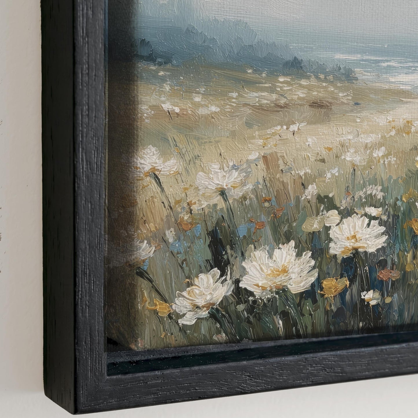 The image is a painting of a field of white flowers, likely daisies, with a blue sky and trees in the background.