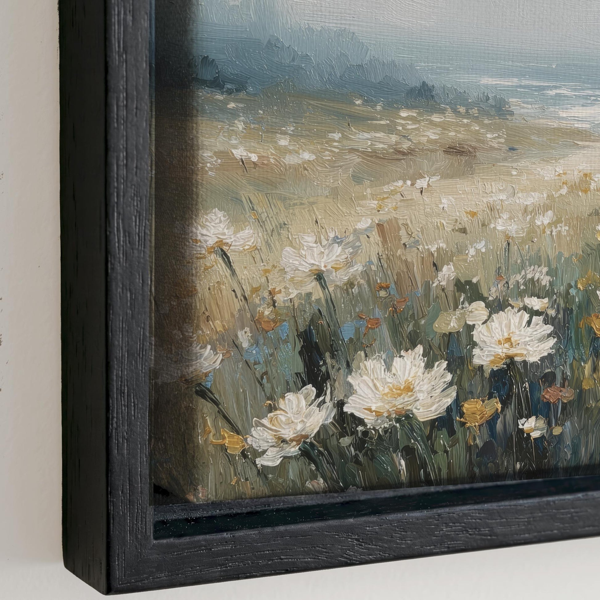 The image is a painting of a field of white flowers, likely daisies, with a blue sky and trees in the background.