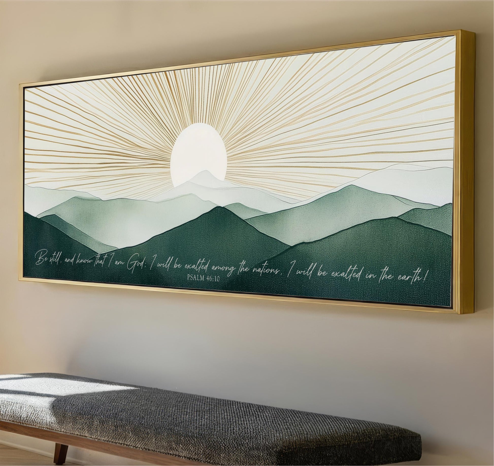 a large, framed painting of a mountain landscape with a sun in the sky. The painting has a warm, golden hue and depicts a serene, sun-drenched scene. The text "Be still, and know that I am God, I will be victorious over the nations!" is written below the painting, providing a biblical message.