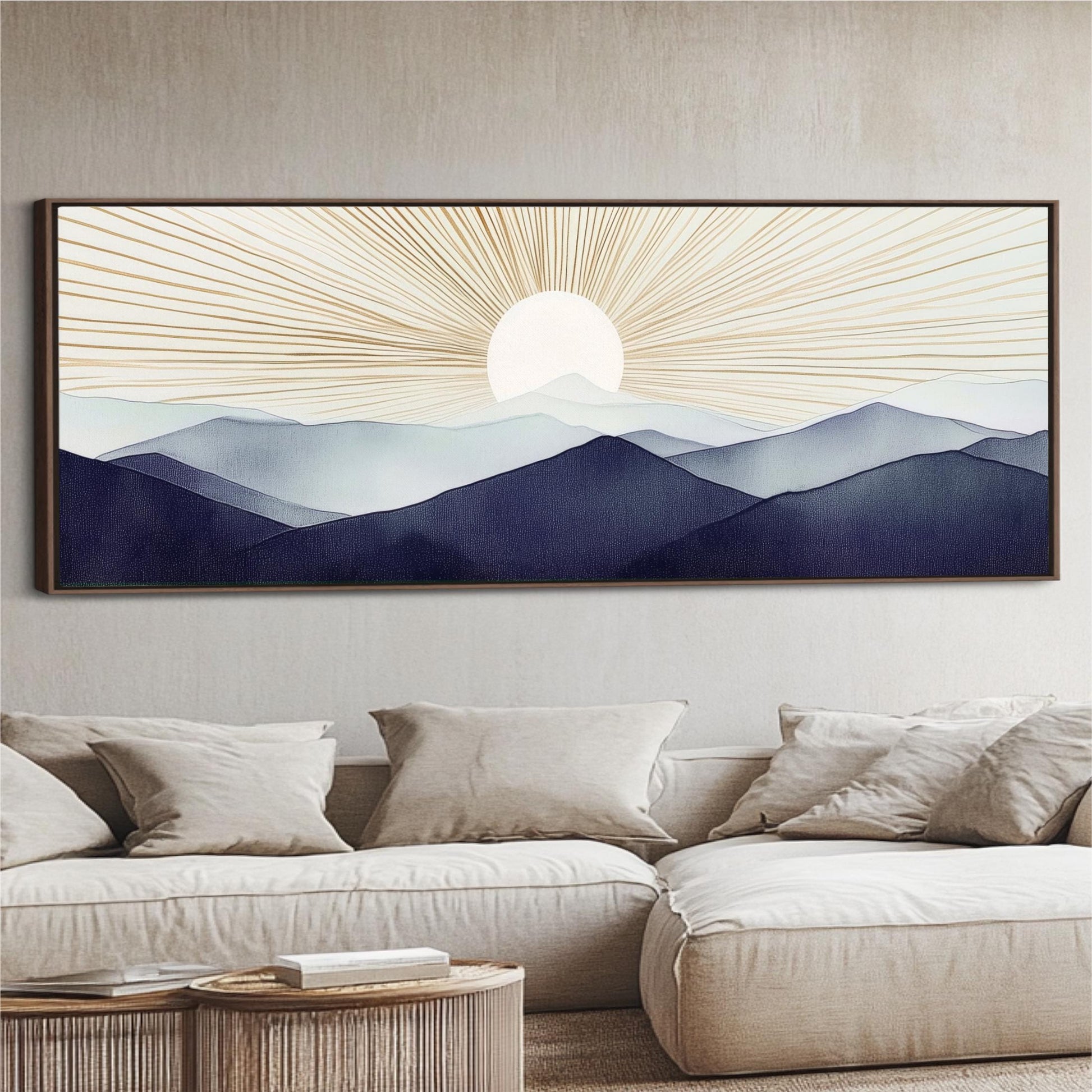 a living room with a couch and a painting on the wall