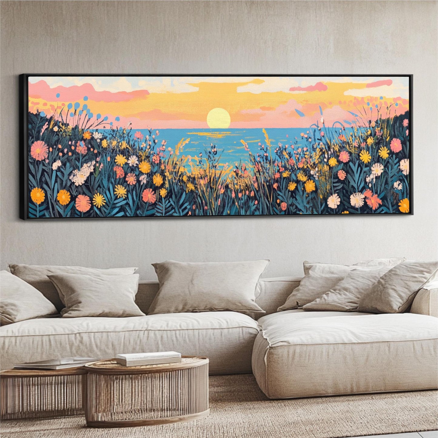 a living room with a couch and a painting on the wall