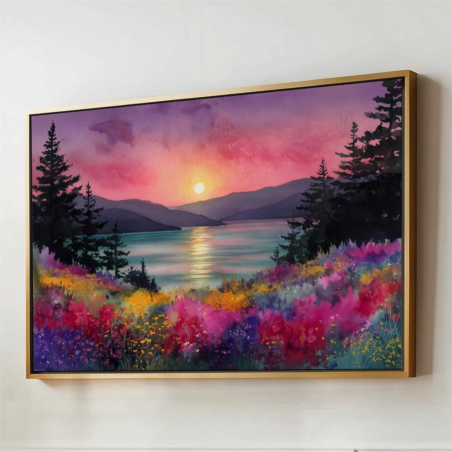 Colorful Lake Sunset Wall Art, Vibrant Wildflower Landscape, Modern Nature Mountain Lake Art for Living Room, Entryway & Home Decor Bring warmth, color, and tranquility into your home with this vibrant lake sunset wall art. Featuring a breathtaking mountain lake surrounded by colorful wildflowers and evergreen trees, this nature-inspired artwork captures the beauty of a peaceful sunset reflecting across calm waters.
