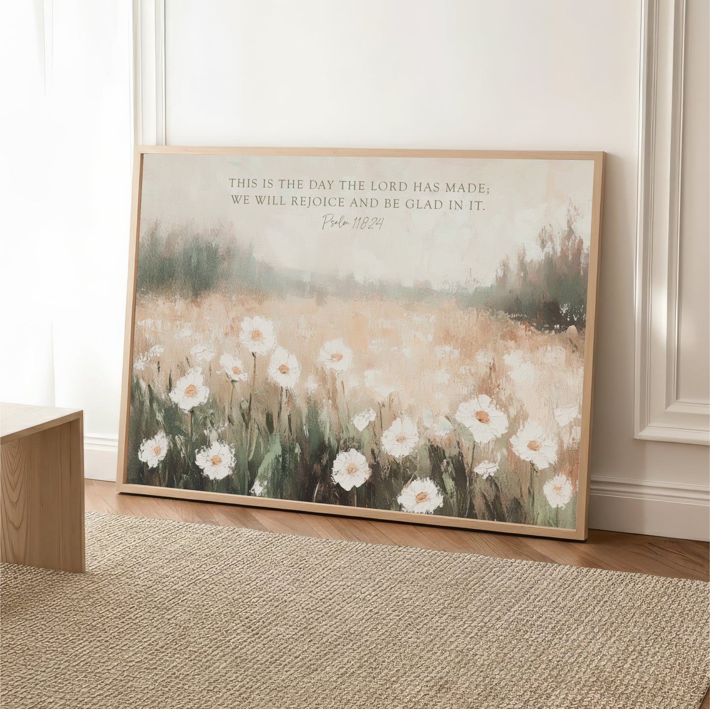 The image is a framed painting depicting a field of white flowers, with a text overlay that reads "This is the day the LORD was made. We will rejoice and be Glad in it. Psalm 18:24".