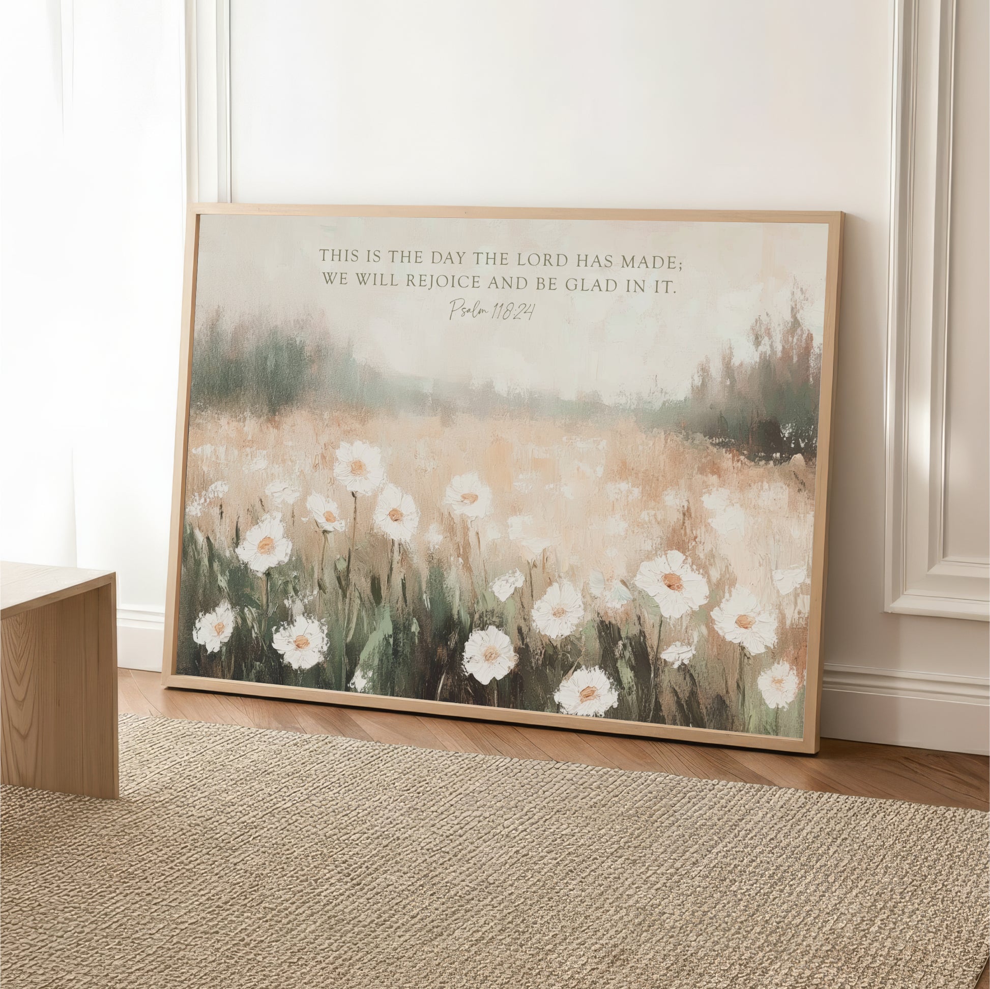 The image is a framed painting depicting a field of white flowers, with a text overlay that reads "This is the day the LORD was made. We will rejoice and be Glad in it. Psalm 18:24".