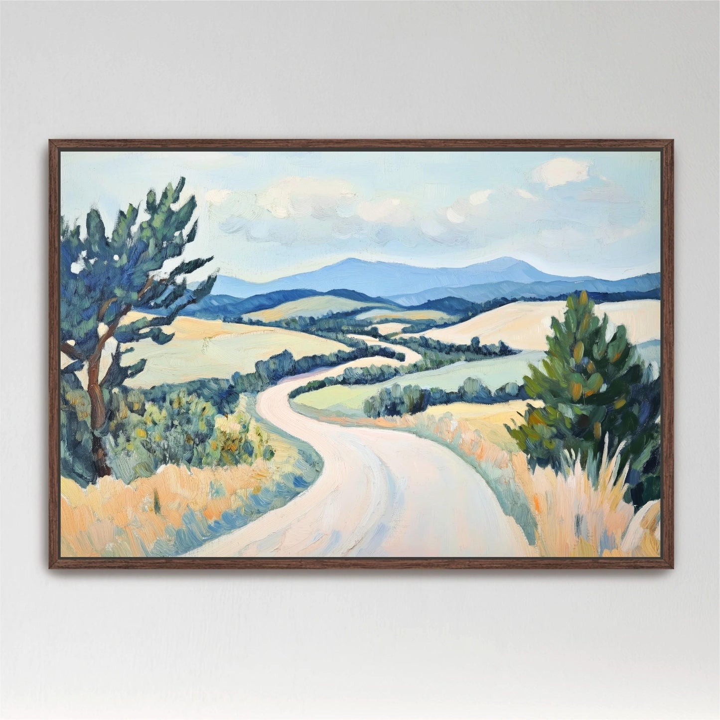 Country Road Landscape Art, Impressionist Painting Hills & Mountains, Neutral Pastel, Colorful Nature Artwork Large Framed Canvas