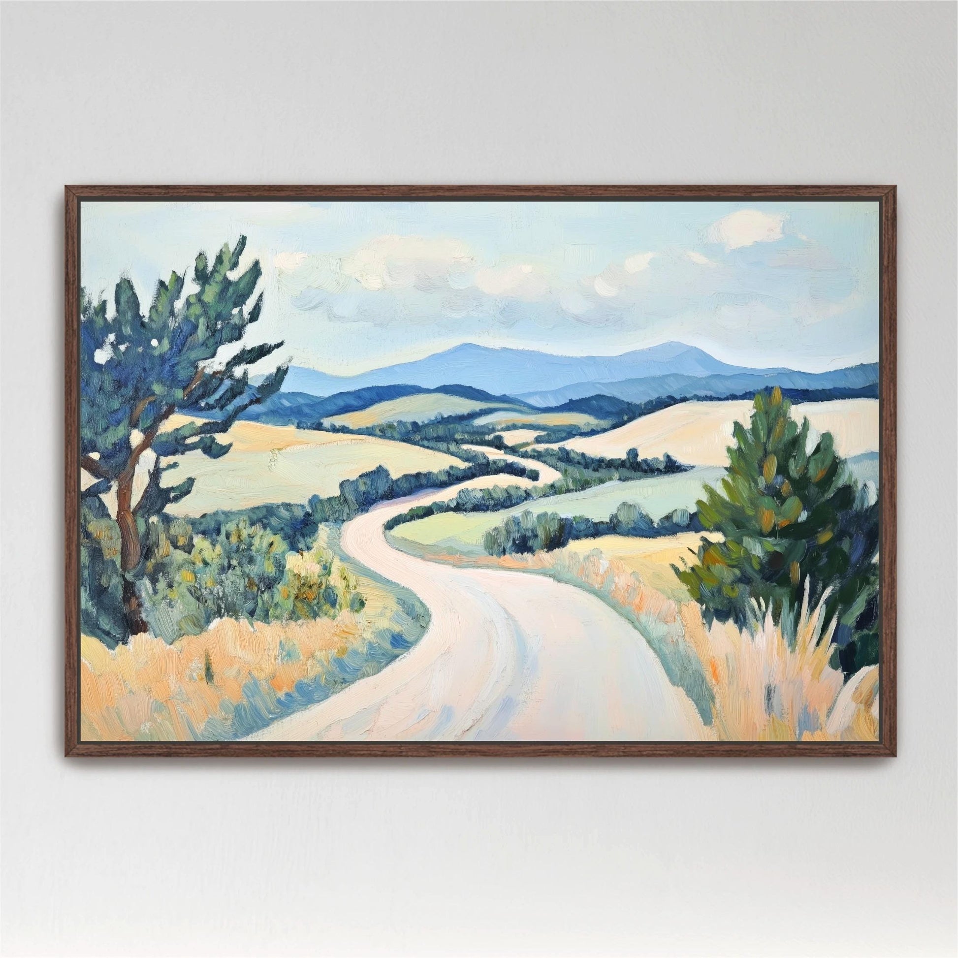 Country Road Landscape Art, Impressionist Painting Hills & Mountains, Neutral Pastel, Colorful Nature Artwork Large Framed Canvas
