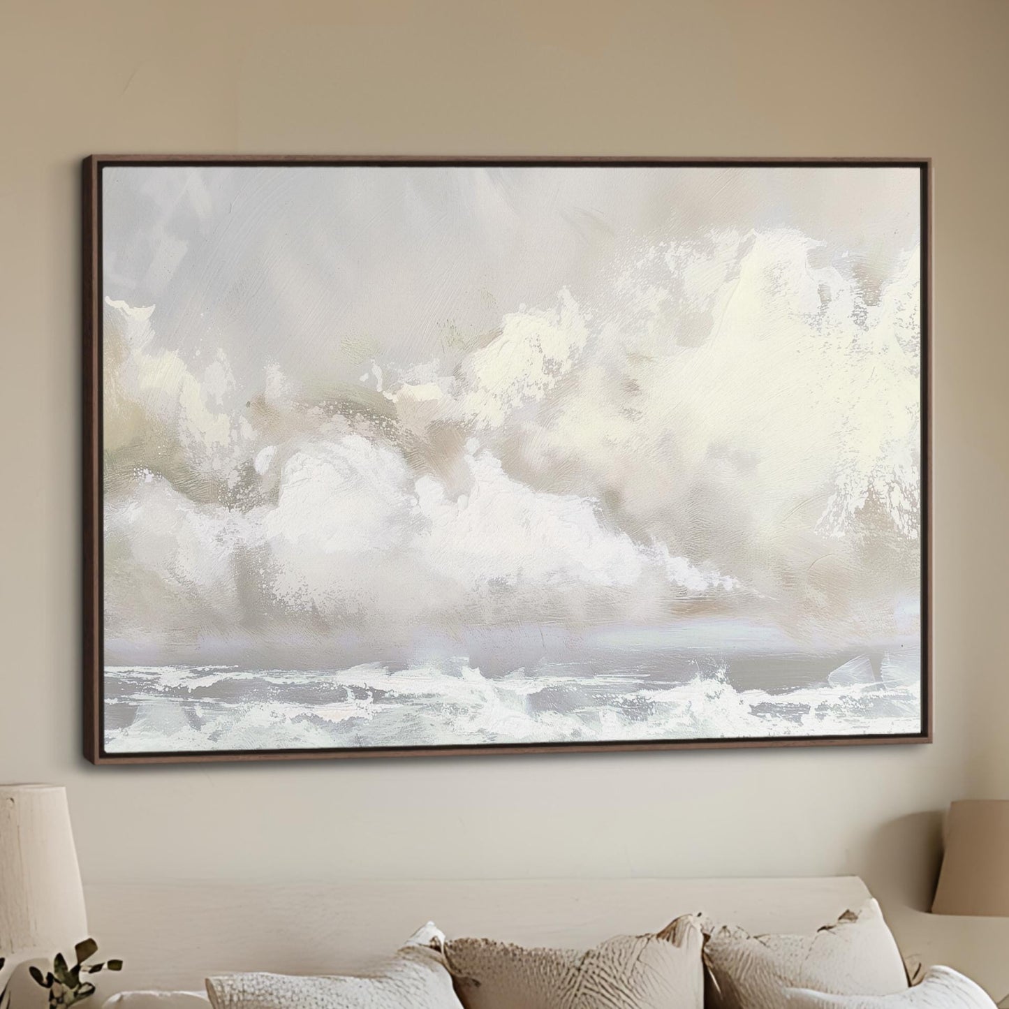 a large painting hanging above a bed in a bedroom