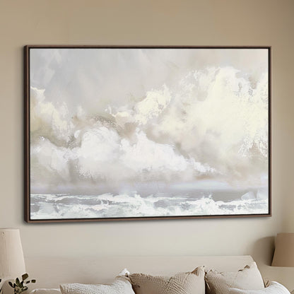 a large painting hanging above a bed in a bedroom