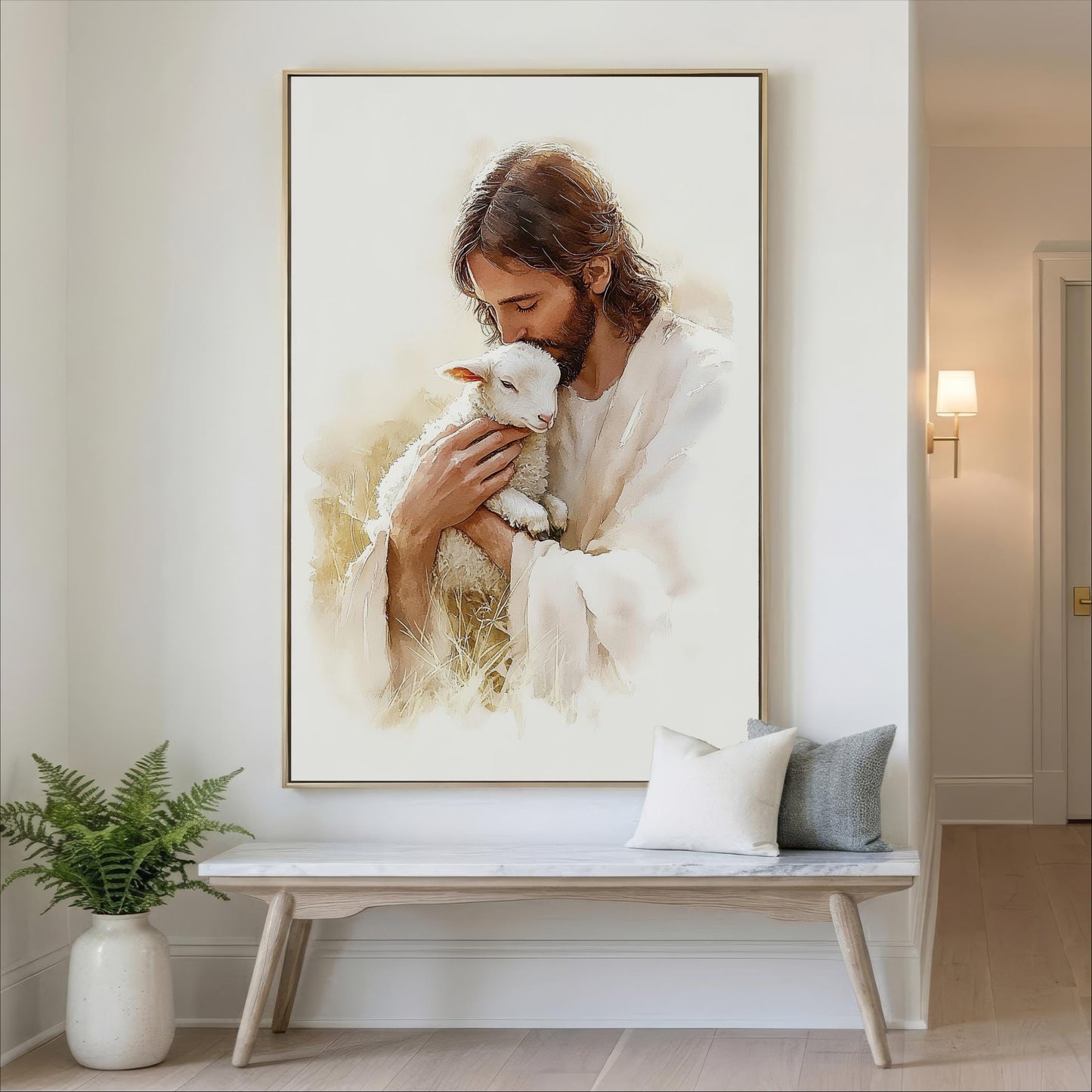 Jesus the Good Shepherd Wall Art, Christian Lamb Bible Art Canvas Print, Framed Religious Wall Decor