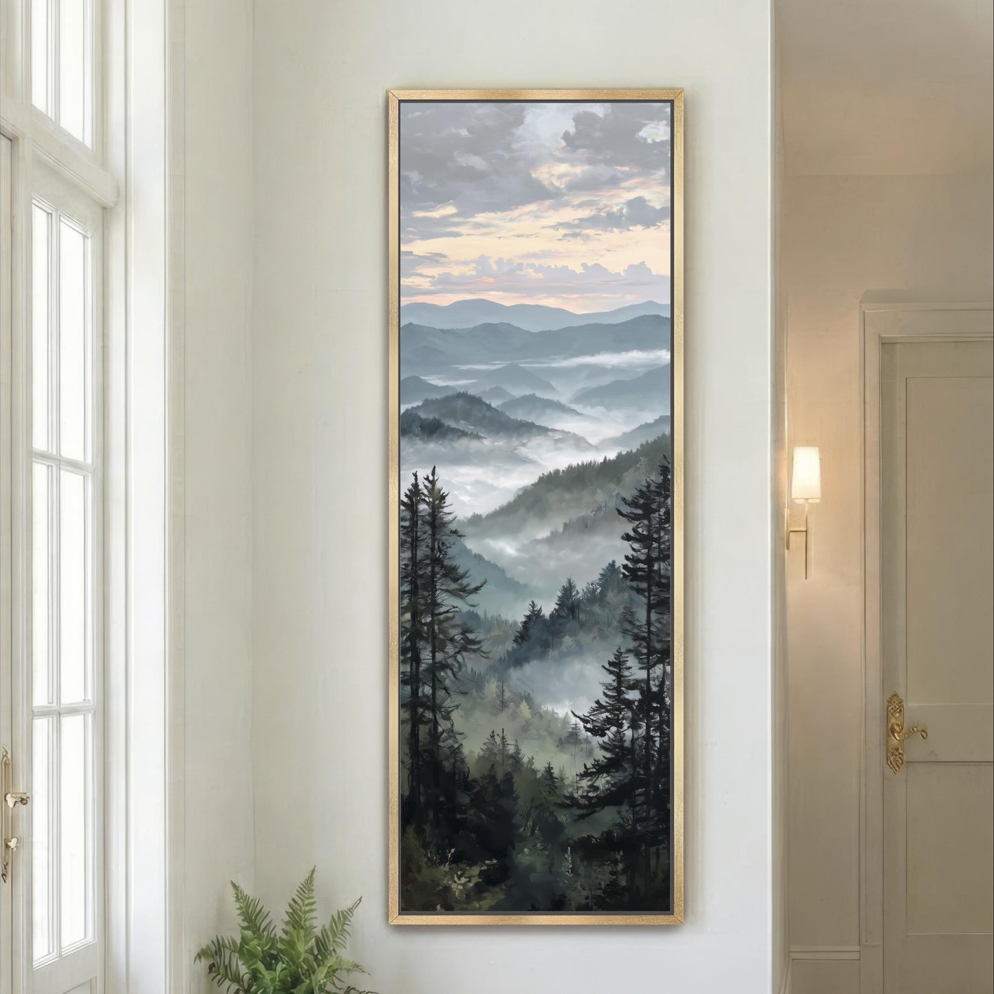 Vertical Mountain Landscape Wall Art, Misty Forest Canvas Print, Tall Nature Wall Decor, Narrow Pine Tree Painting, Woodland Artwork Framed