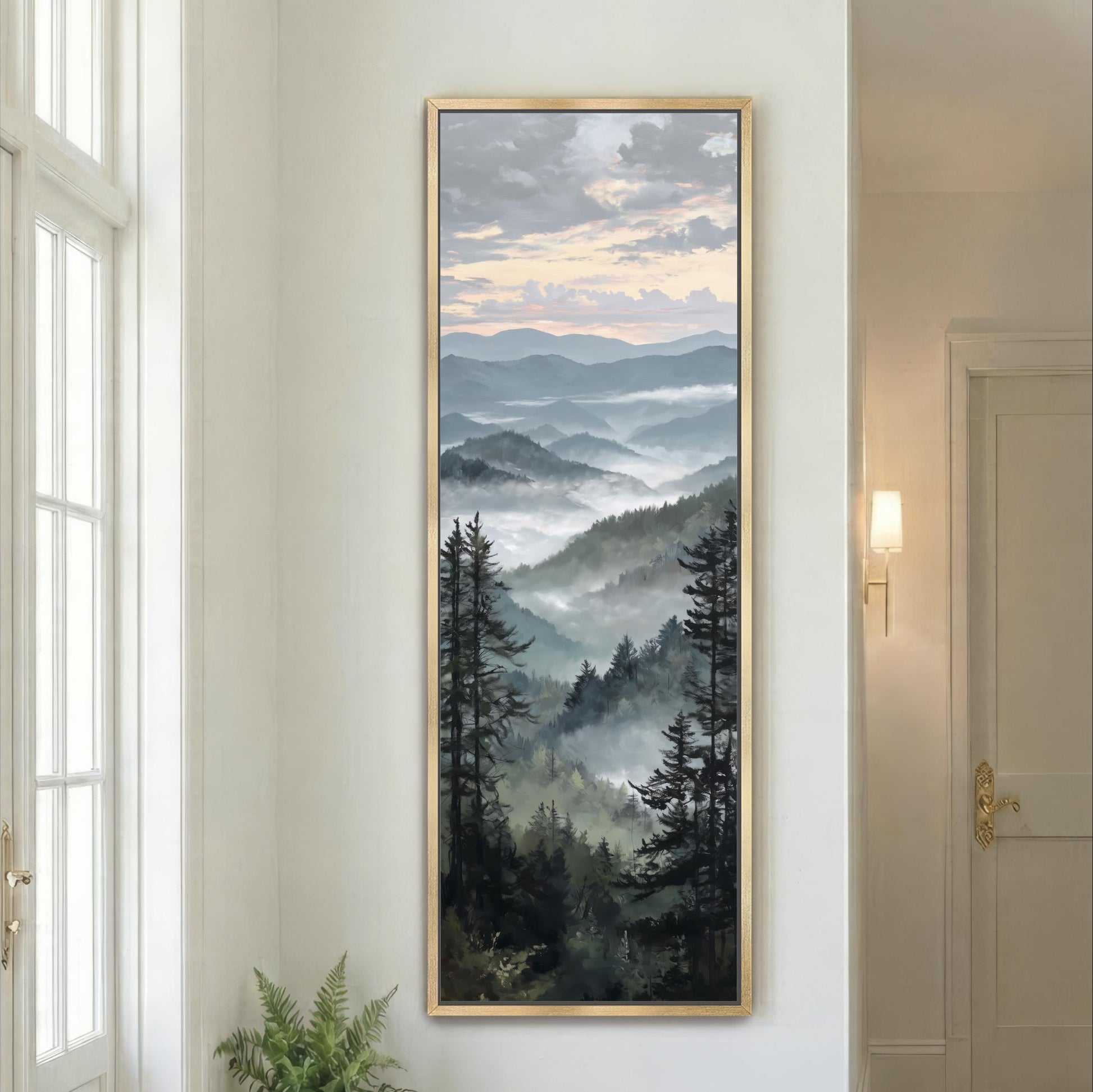 Vertical Mountain Landscape Wall Art, Misty Forest Canvas Print, Tall Nature Wall Decor, Narrow Pine Tree Painting, Woodland Artwork Framed