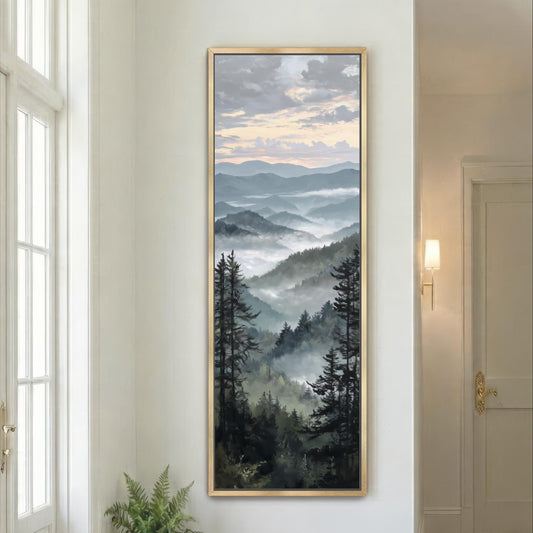 Vertical Mountain Landscape Wall Art, Misty Forest Canvas Print, Tall Nature Wall Decor, Narrow Pine Tree Painting, Woodland Artwork Framed