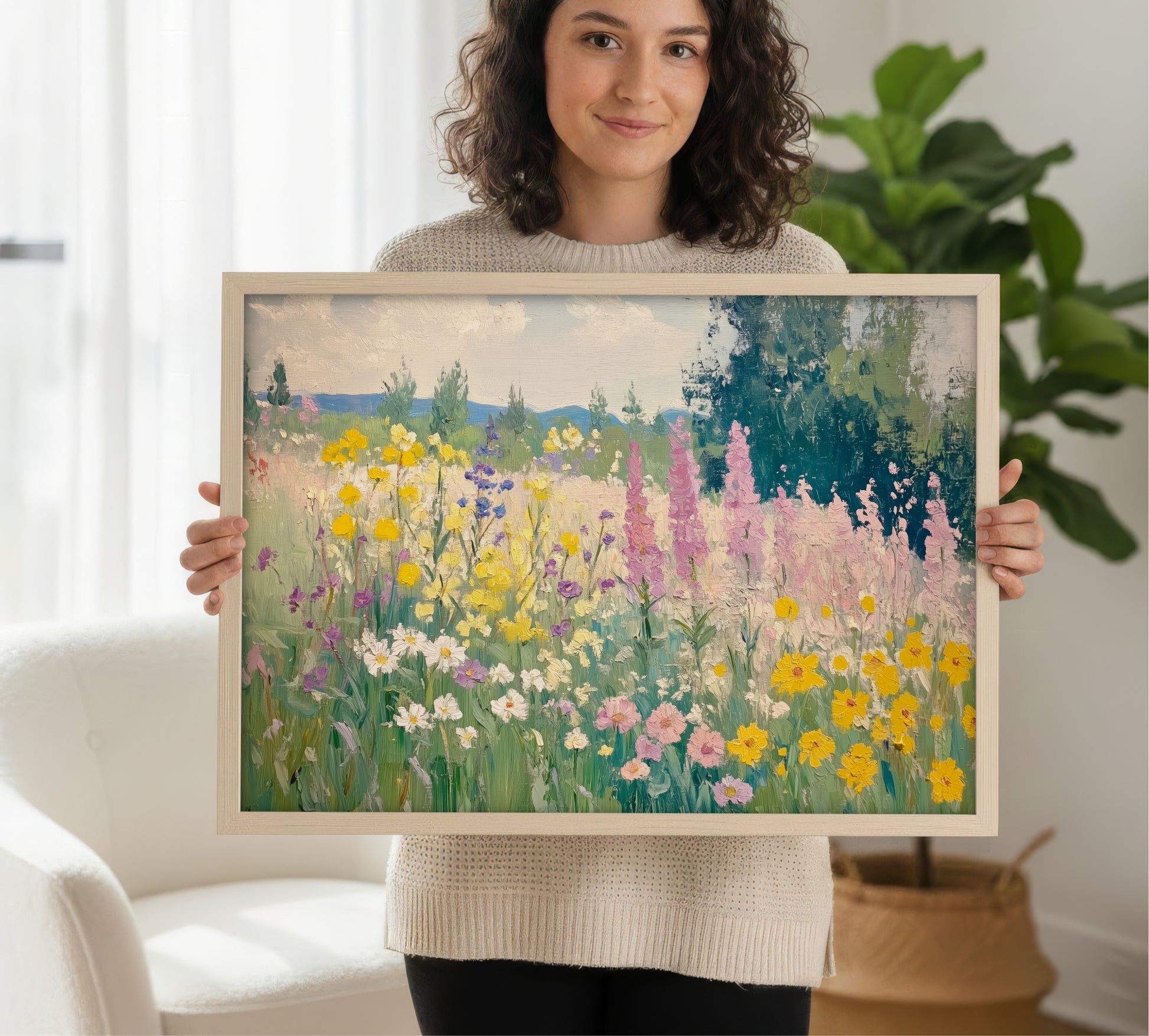 A woman is holding a framed painting of a colorful garden with various flowers, including yellow, pink, and purple blooms.