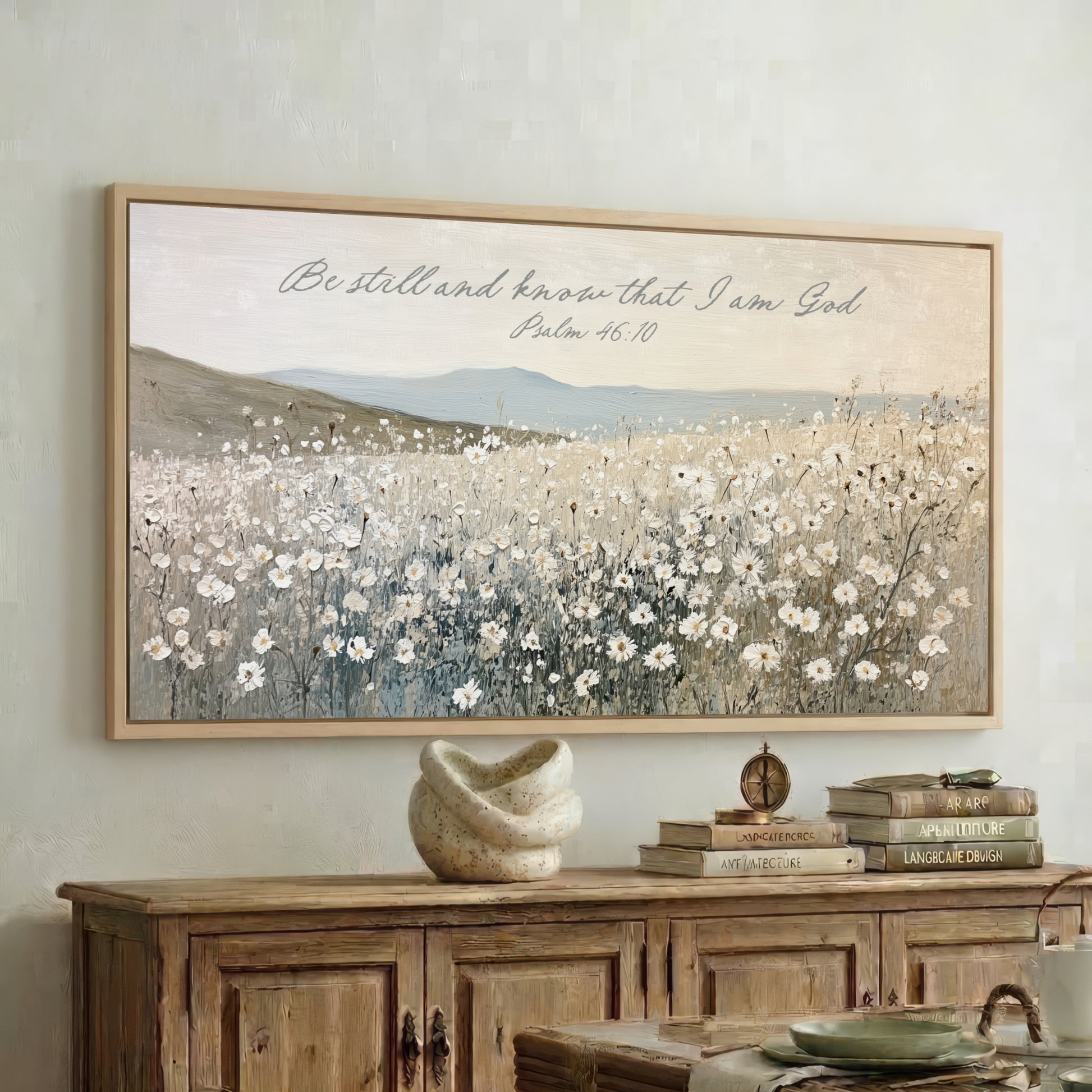 a large framed painting of a field of flowers hanging on a wall above a wooden cabinet.