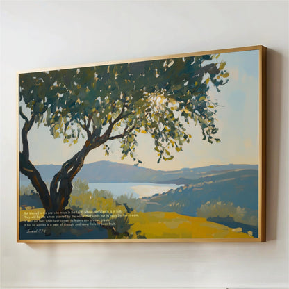 Olive Tree Neutral Landscape Scripture Wall Art Print, Mountains Sun Lake Nature, Bible Verse Framed Canvas, Christian Artwork Jeremiah 17:7–8 But blessed is the one who trusts in the Lord, whose confidence is in him. They will be like a tree planted by the water that sends out its roots by the stream. It does not fear when heat comes; its leaves are always green. It has no worries in a year of drought and never fails to bear fruit. Jeremiah 17:7–8