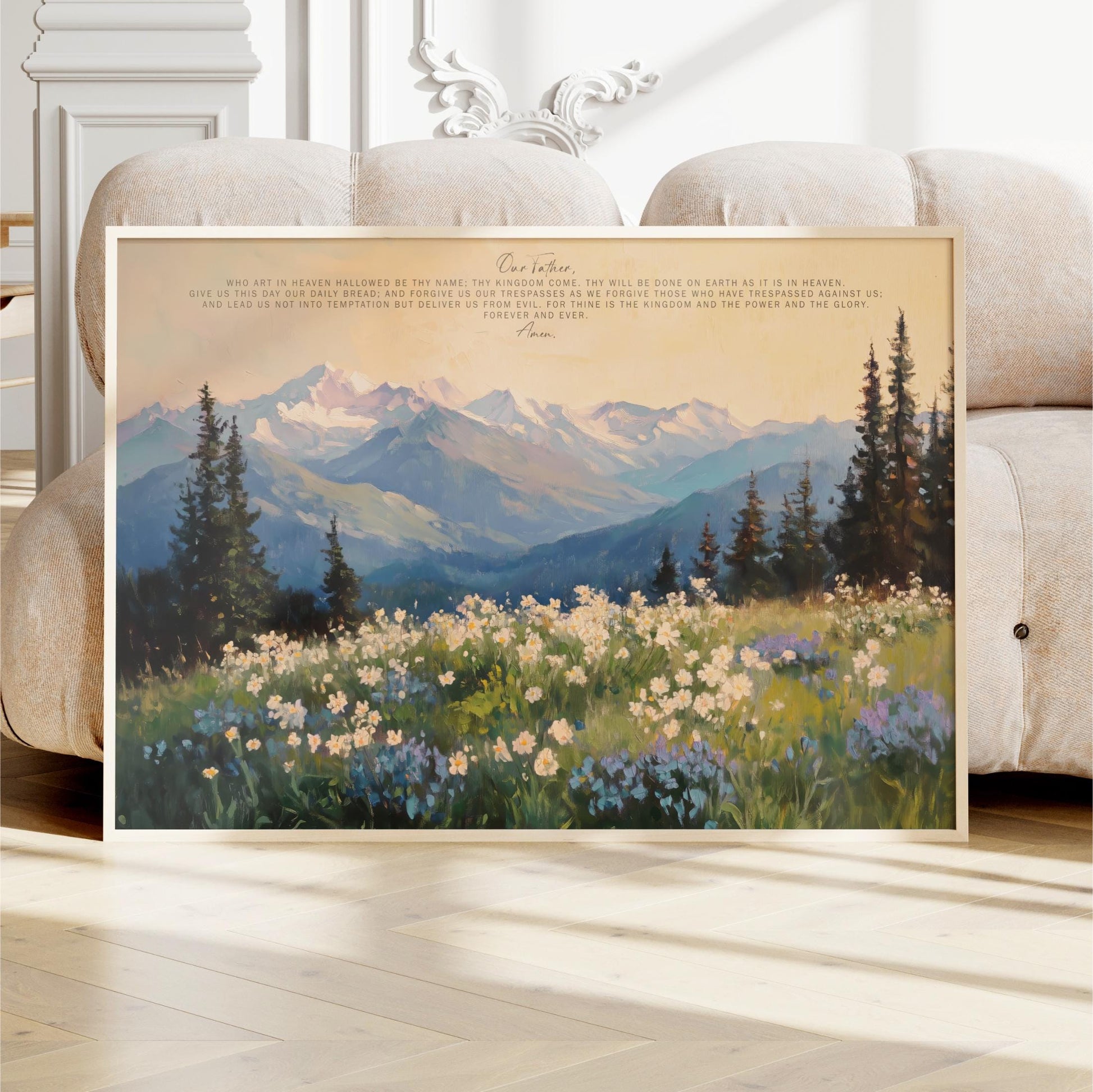 The Lords Prayer Wall Art is a beautiful piece of Christian wall art that brings a sense of peace and inspiration to any room in your home. Featuring the Our Father Prayer, this scripture wall art serves as a daily reminder of faith and hope. Perfect for Christian home decor, it can complement your living space while also making a thoughtful Christian gift for loved ones. With its stunning depiction of mountains and wildflowers in shades of green and blue, this Lords Prayer print not only beautifies your wa