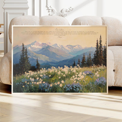 The Lords Prayer Wall Art is a beautiful piece of Christian wall art that brings a sense of peace and inspiration to any room in your home. Featuring the Our Father Prayer, this scripture wall art serves as a daily reminder of faith and hope. Perfect for Christian home decor, it can complement your living space while also making a thoughtful Christian gift for loved ones. With its stunning depiction of mountains and wildflowers in shades of green and blue, this Lords Prayer print not only beautifies your wa