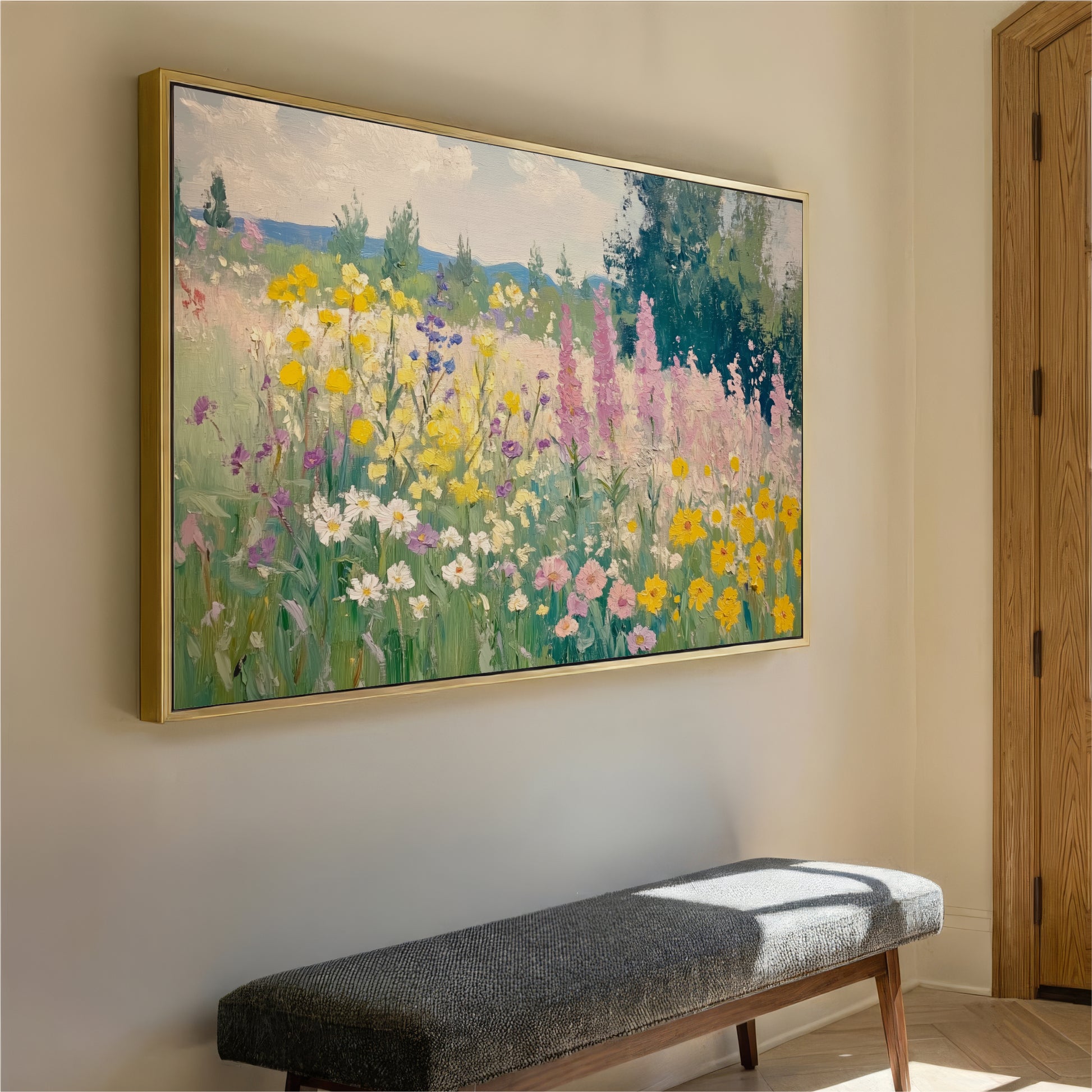 a large, colorful painting of a field of flowers hanging on a wall.