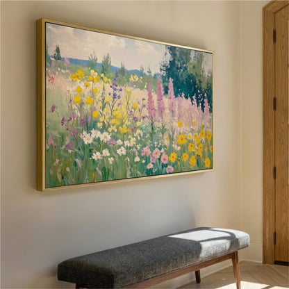 a large, colorful painting of a field of flowers hanging on a wall.