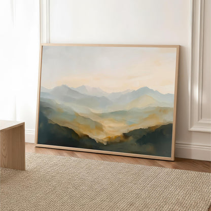 a large landscape painting hanging on a wall, depicting a mountainous scene with a hazy, golden-hued background.