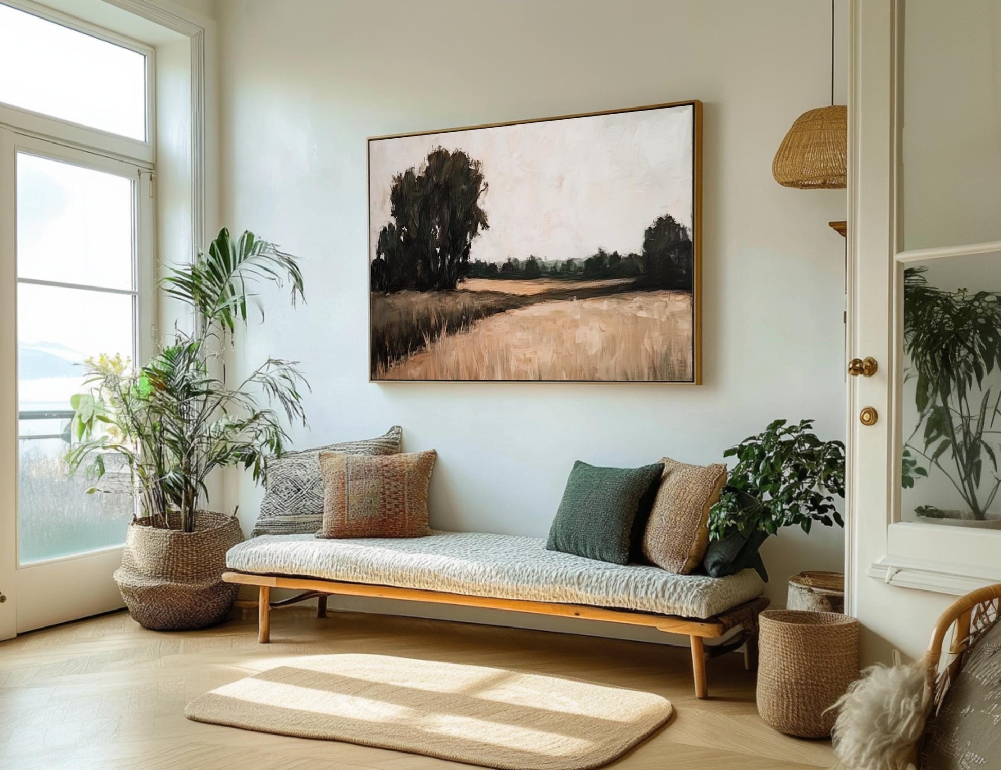 a cozy living room with a large painting of a field hanging on the wall. The room is decorated with various plants, including a potted palm tree and a fern, and features a comfortable sofa with throw pillows. The overall atmosphere of the room is warm and inviting, with natural light streaming in from the windows.