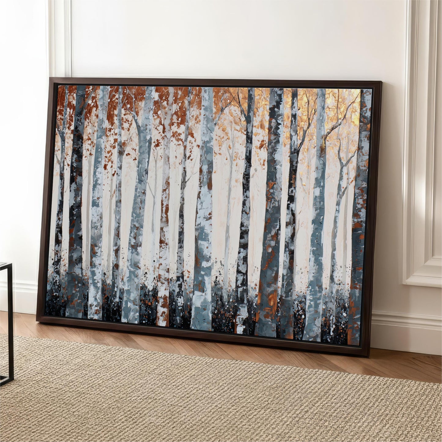 a large framed painting of a forest scene with tall trees in various shades of brown and white.