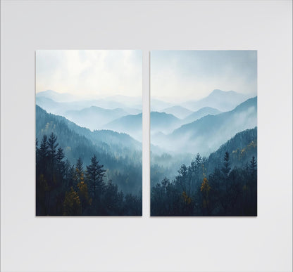 The image is a collage of two pictures depicting a serene mountain landscape with foggy mountains and trees.