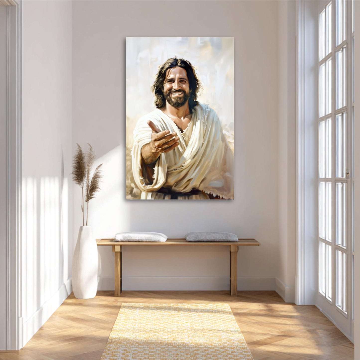 a large painting of Jesus Christ with a warm, inviting expression, hanging on a white wall in a bright, airy room with a wooden bench and a decorative plant.