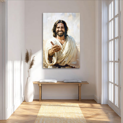 a large painting of Jesus Christ with a warm, inviting expression, hanging on a white wall in a bright, airy room with a wooden bench and a decorative plant.