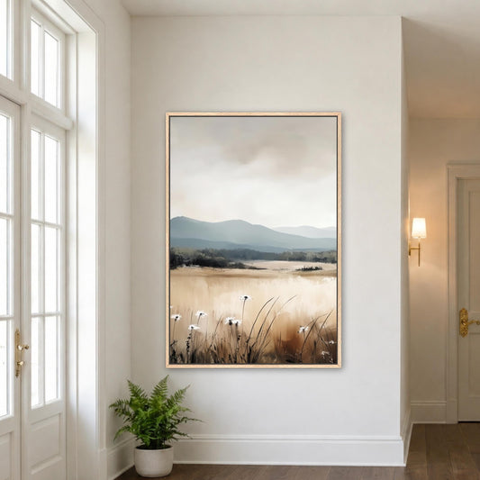 Neutral Fall Meadow Framed Canvas Art, Mountains Wildflowers Painting, Minimalist Countryside Farmhouse, Large Vertical Artwork