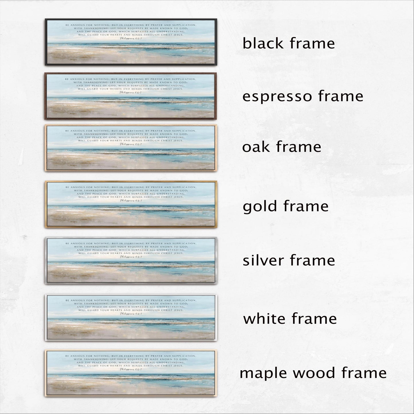 a collection of six framed artworks, each with a different frame color and style, including black, espresso, oak, gold, silver, and white frames.